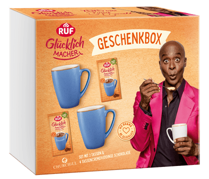 RUF Glücklichmacher Geschenkbox Schoko 2 Tassen, 4 Puddinge