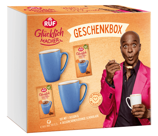 RUF Glücklichmacher Geschenkbox Schoko 2 Tassen, 4 Puddinge