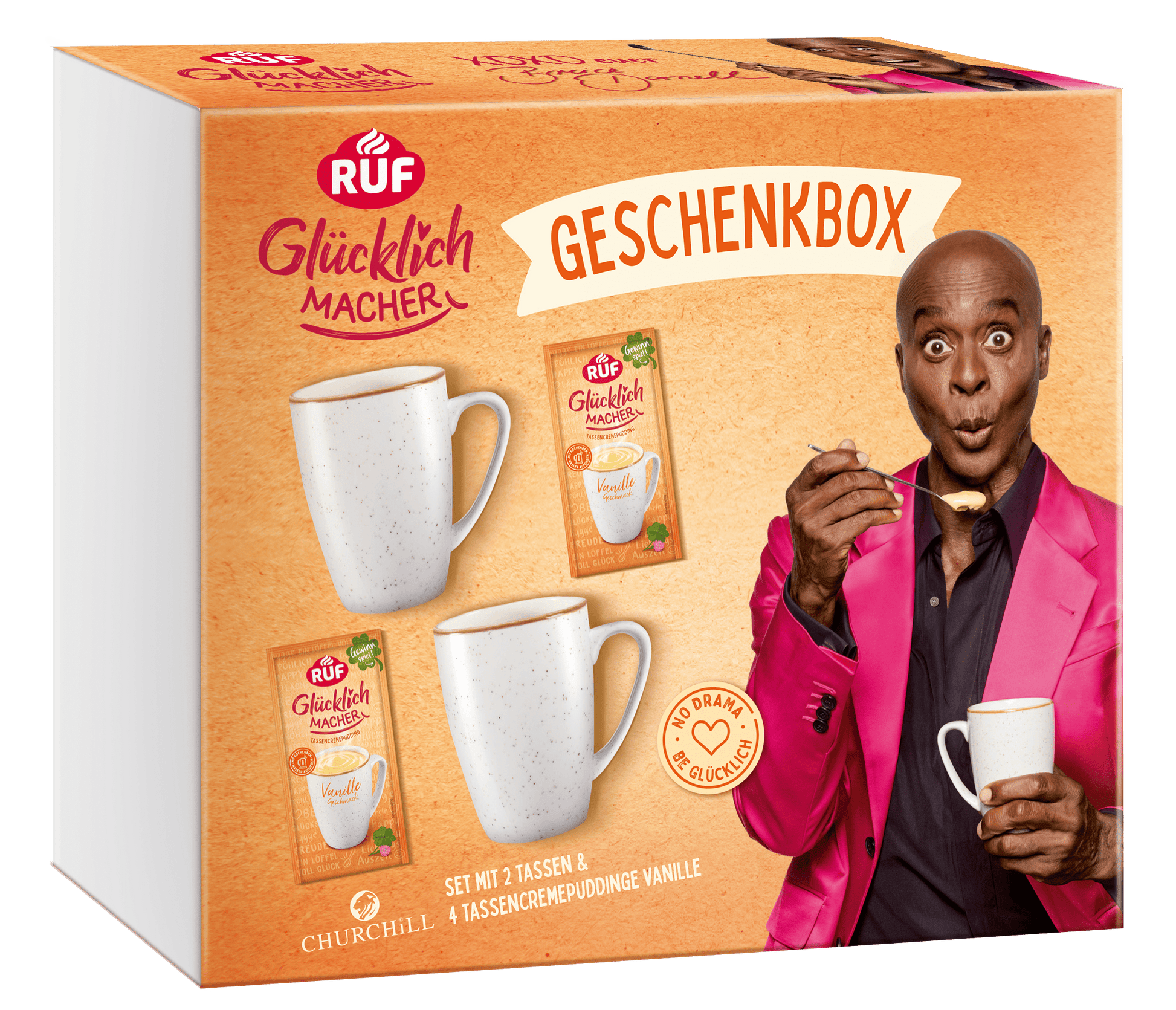 RUF Glücklichmacher Geschenkbox Vanille 2 Tassen, 4 Puddinge